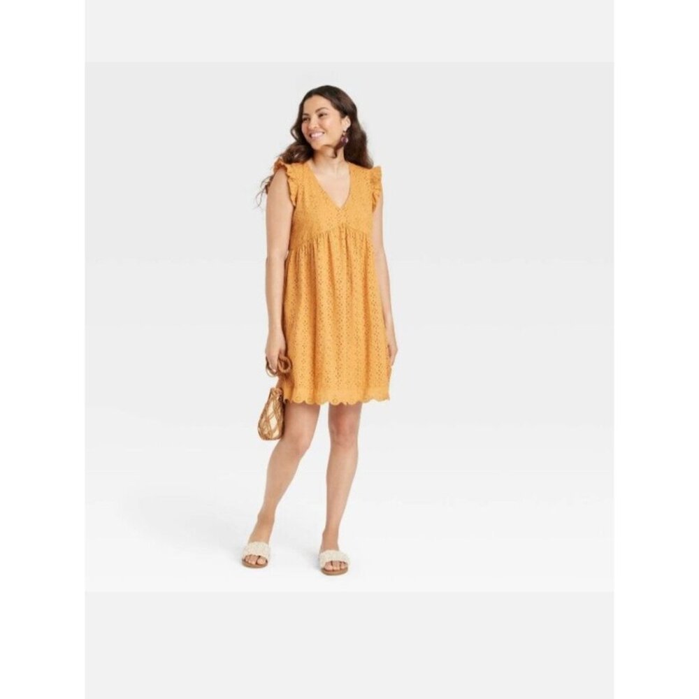 Knox Rose Womens M Dress Short Sahara Gold Eyelet Ruffle Boho Cutout NEW